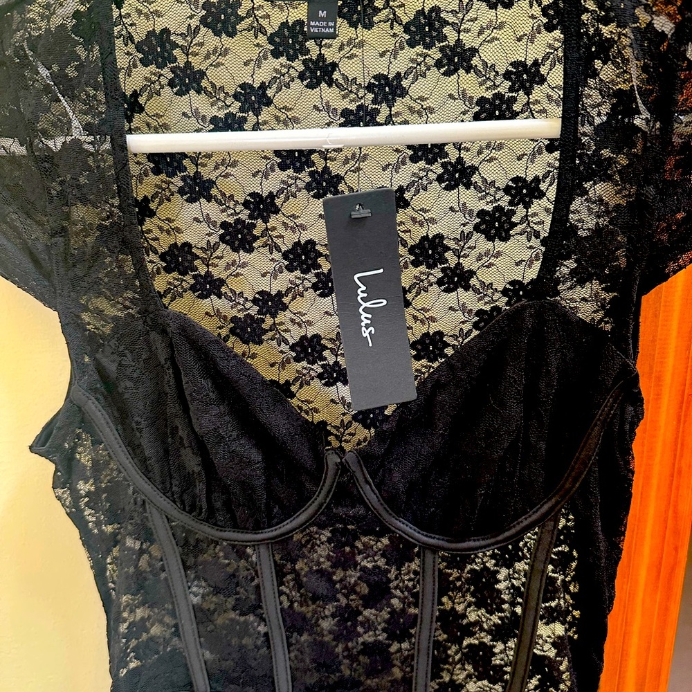 NWT, Lulus Sheer Lace Bustier Black Midi Dress, Medium